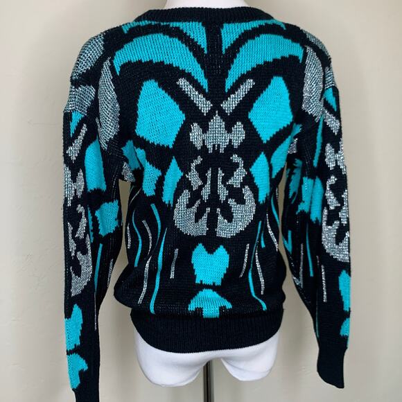Vintage 90s Black Turquoise Sweater with Silver Sequin Details Sz Medium - Picture 2 of 7
